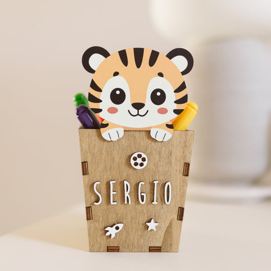 Portalápices Tigre personalizado en madera